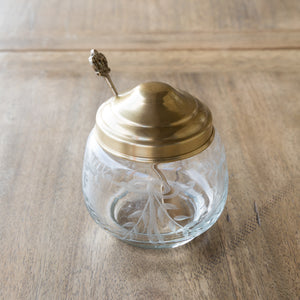 Antique Brass and Etched Glass Jam Jar with Spoon