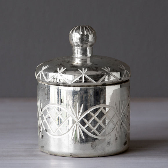 Mercury Glass Etched Votive Holder with Lid
