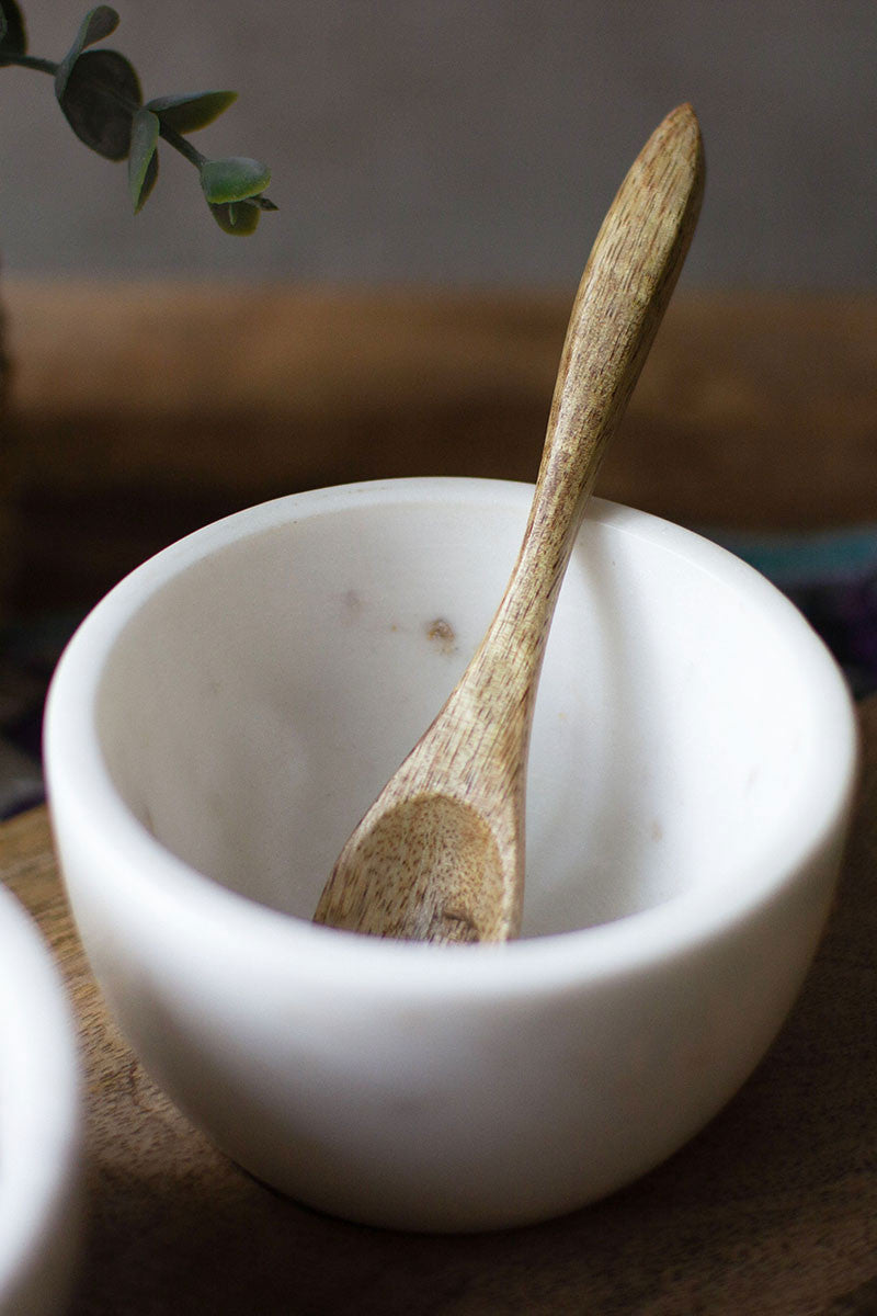 Three White Stone Serving Bowls with Wood Base and Spoons