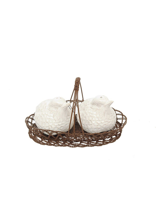 Ceramic Bird Salt and Pepper Shaker in Wire Basket