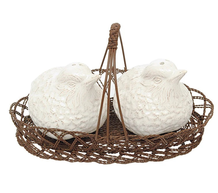 Ceramic Bird Salt and Pepper Shaker in Wire Basket