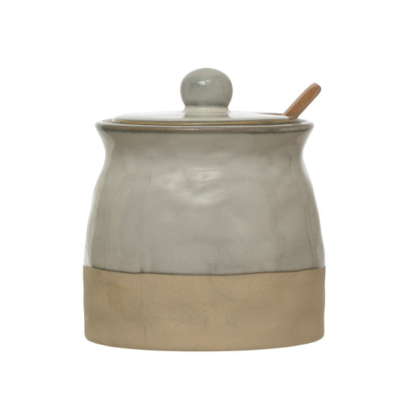 Stoneware Sugar Pot with Lid & Wood Spoon