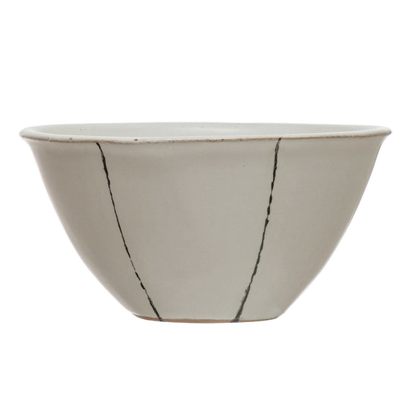 Hand-Painted Stoneware Bowl, Matte White w/ Black Stripes