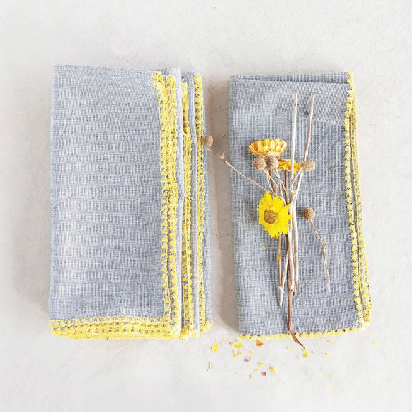 Square Cotton Napkins with Embroidered Yellow Edge, Set of 4