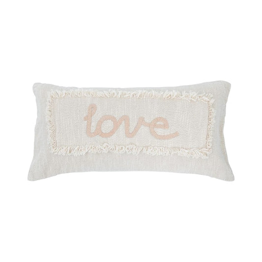 Cotton Embroidered Lumbar Pillow with Eyelash Fringe "Love"