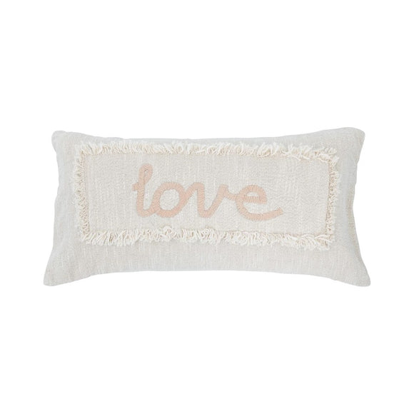 Cotton Embroidered Lumbar Pillow with Eyelash Fringe 